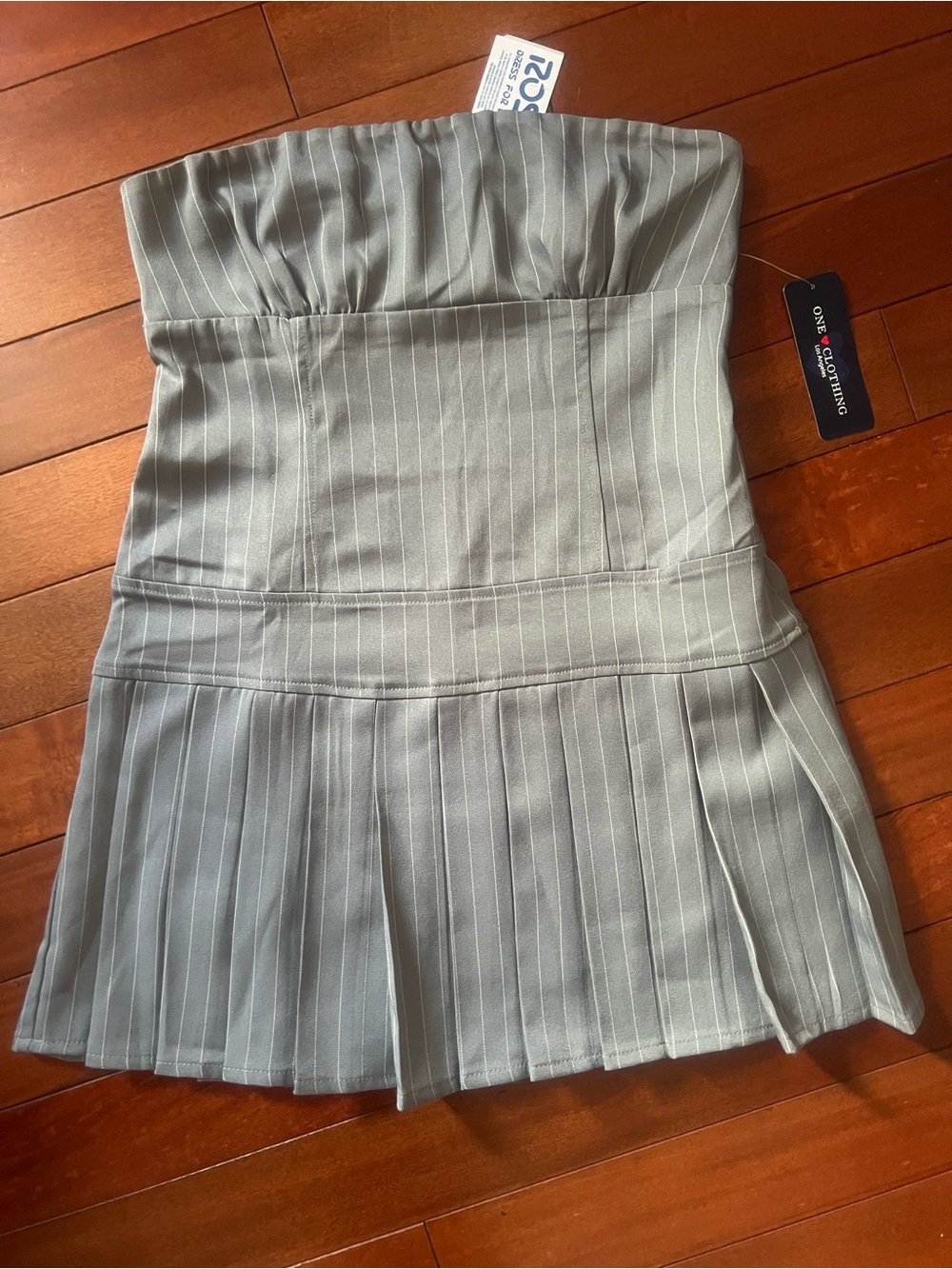 one clothing Gray Pinstriped Strapless Pleated Mini dress